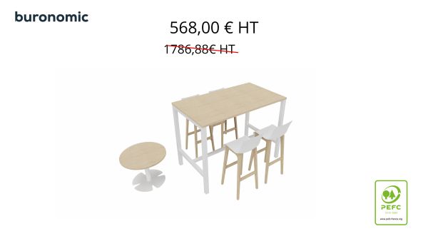 1 Table Haute rectangulaire + 4 Tabourets dossier haut + 1 Table basse ronde - Uniquement Île de France