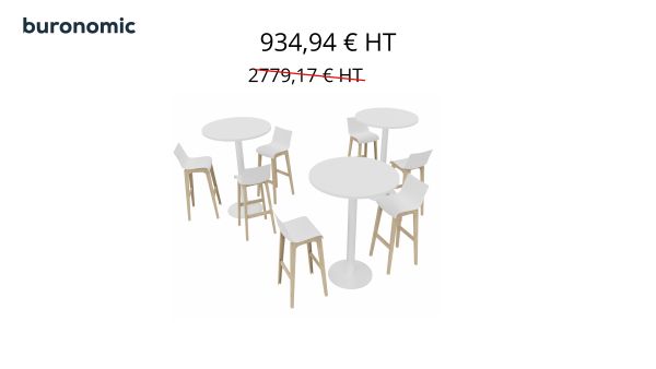 3 Tables hautes rondes + 7 Tabourets dossier haut - Uniquement Île de France